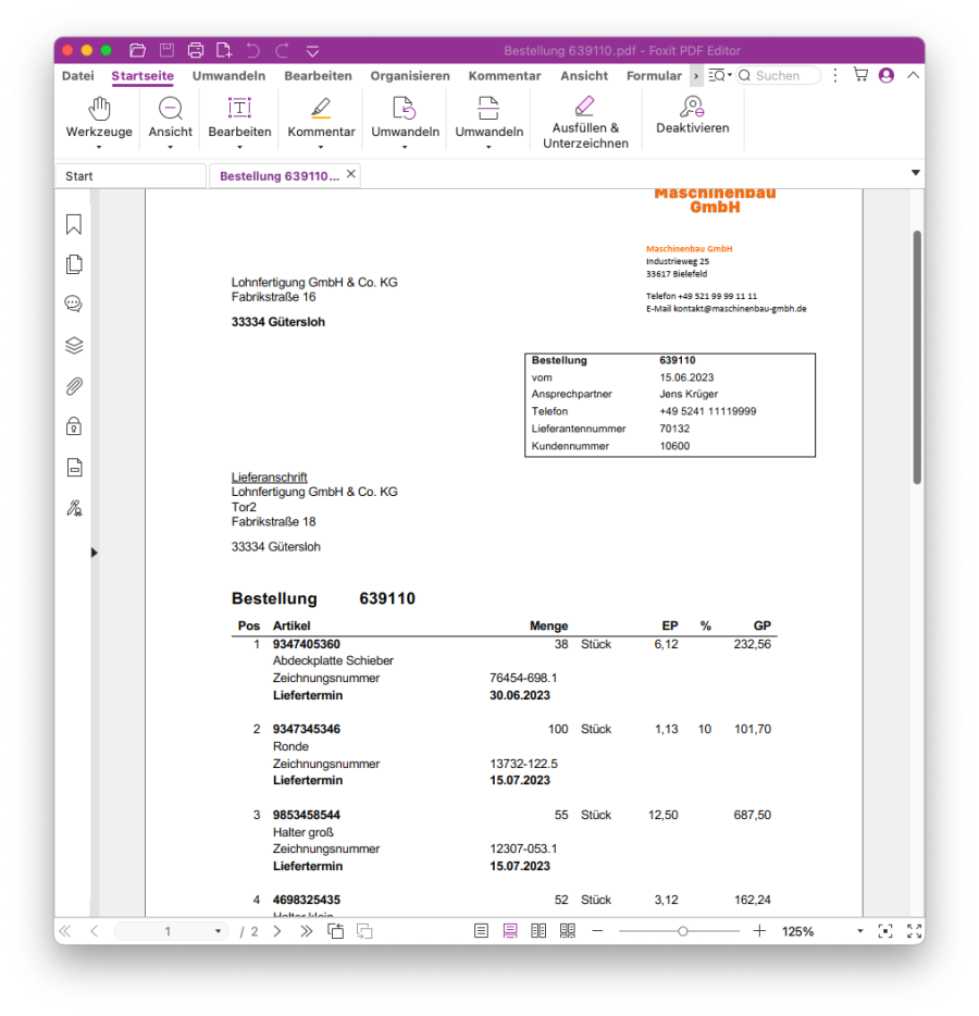Screenshot mit einer anspruchsvollen Bestellung im PDF Format